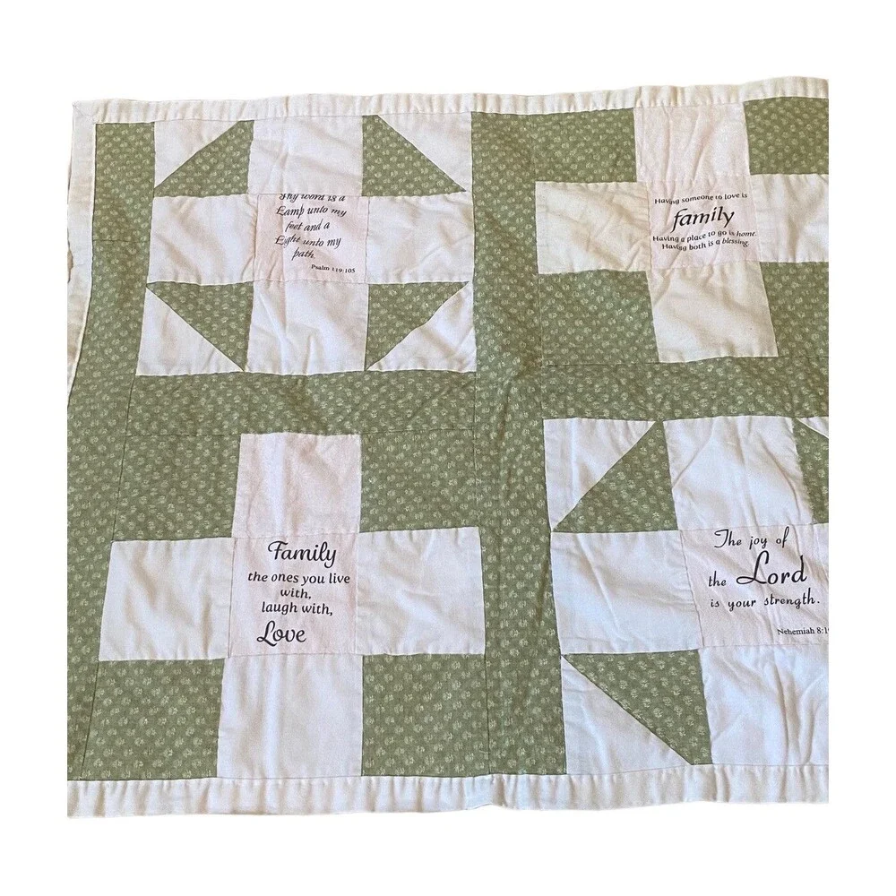 Bible Verse/Family Quotes Quilt Cream Green 32” X 36” Throw Cover Pinkish Tint